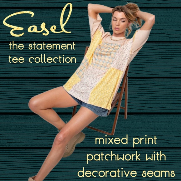 EASEL “Statement Tee” 100% Cotton Mix Print Patchwork Half Sleeves Exposed Seams - Picture 1 of 11